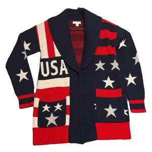 Character Club Sweater Women's Small Multicolor Cotton Knit USA Stars Cardigan